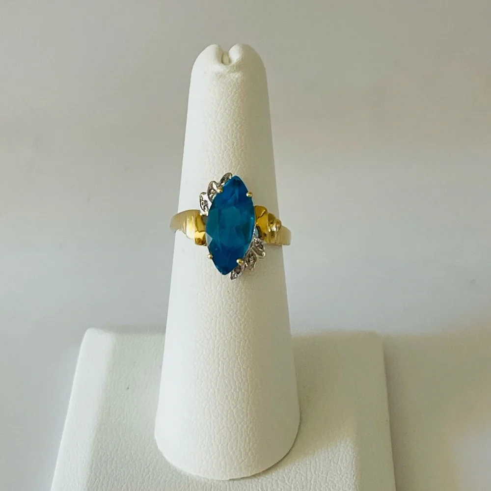 14K Yellow Gold Marquise Blue Topaz Diamond Anniversary Cocktail Statement Sz 7